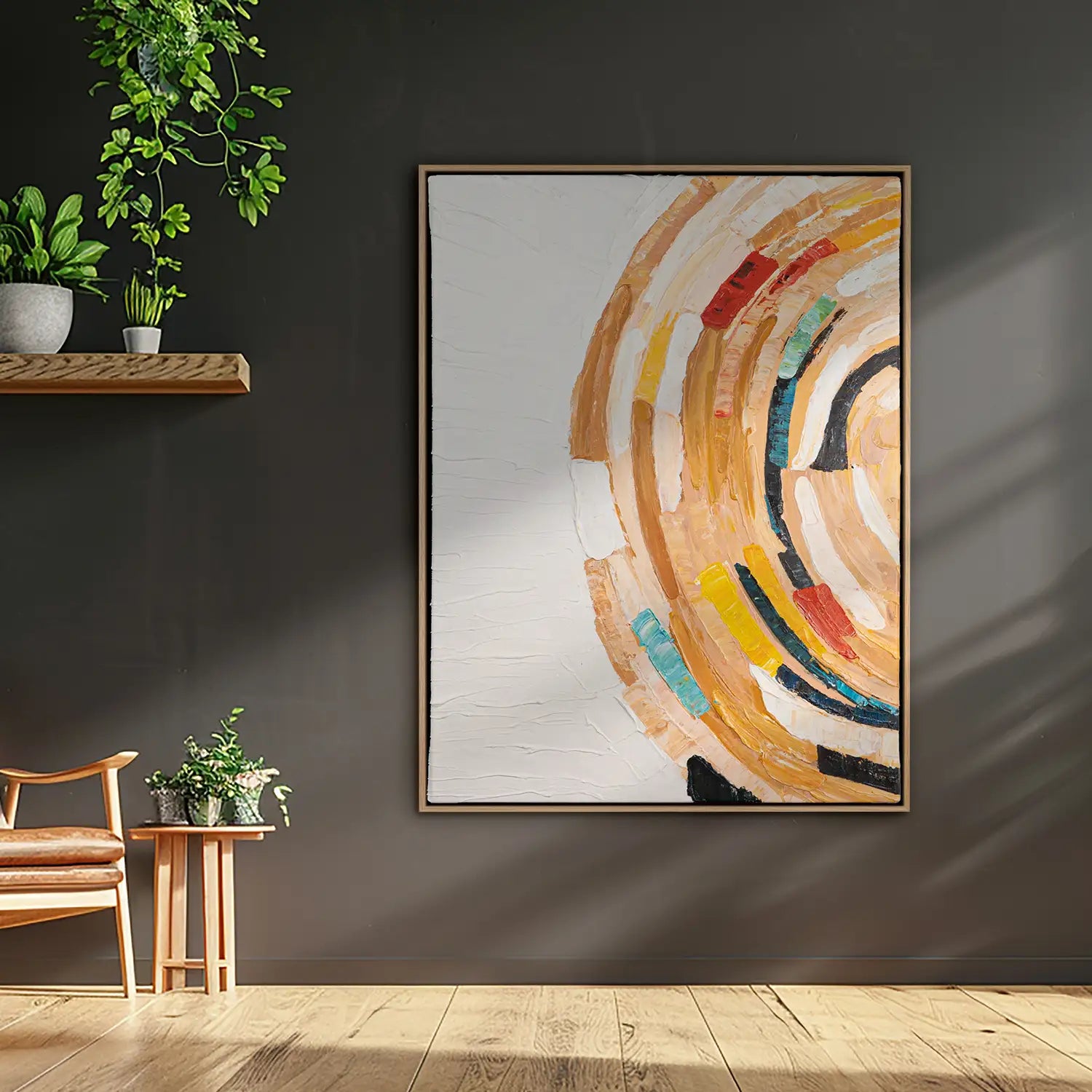 Wandbild 90x120 cm im Rahmen Eiche hell, handgemalt mit Acrylfarbe und Strukturpaste – ein abstrakter Dialog zwischen Grenzen und Freiheit, der die Sehnsucht nach Unendlichkeit verkörpert – „Sehnsucht nach