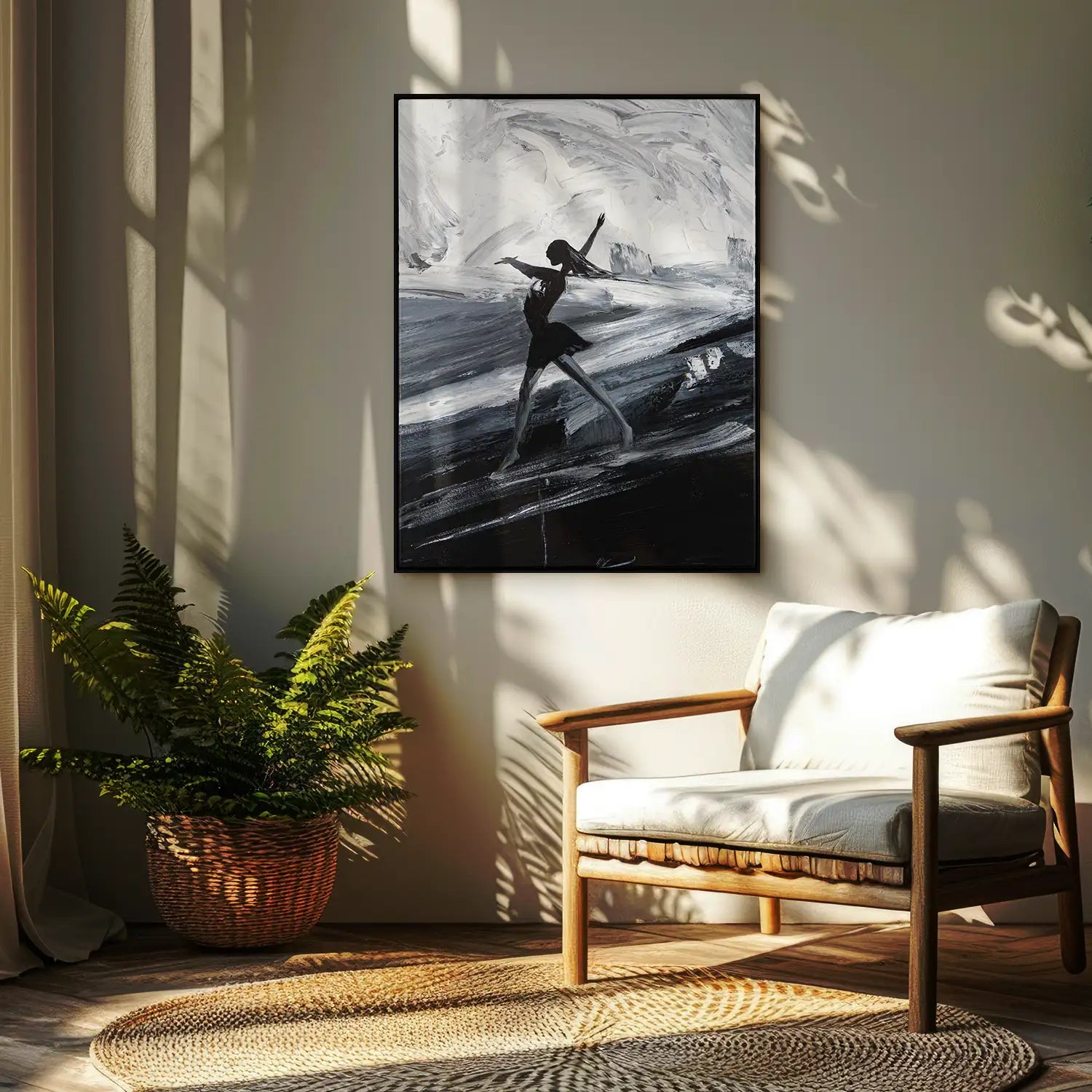 Wandbild echt handgemalt 75x100 cm im Schattenfugenrahmen Schwarz, abstrakte Eleganz der Frau in Schwarz, Weiß und Grau – „Die Tänzerin“