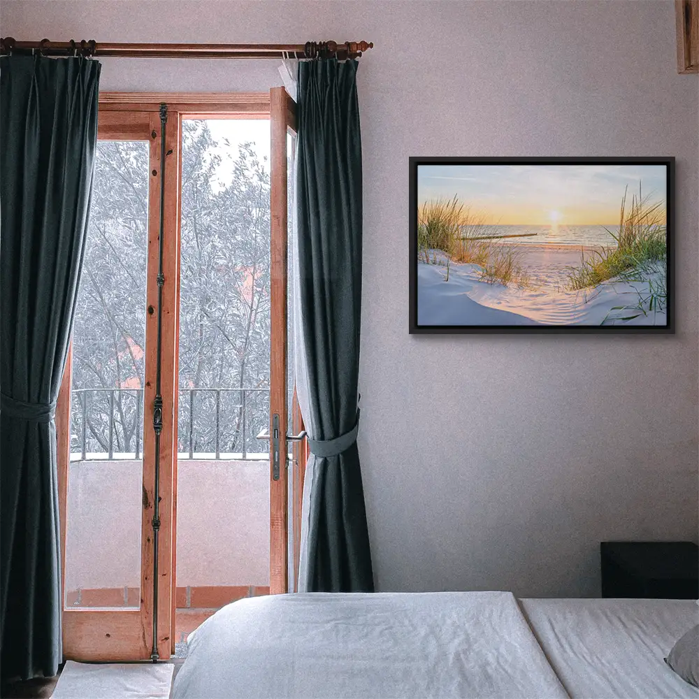 Strand & Meer Ostsee Sonnenuntergang im schwarzen Bilderrahmen, 120x60cm
