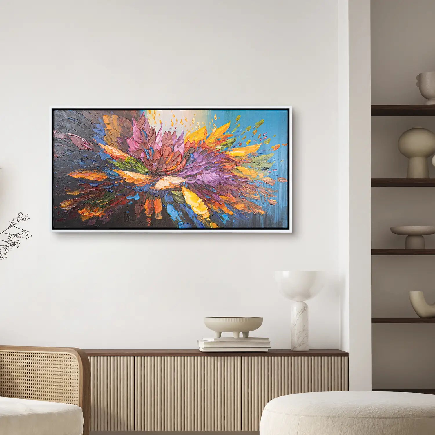 Leinwandbild handgemalt 160x80 cm im Schattenfugenrahmen Weiß, moderne Explosion der Farben, lebendige Abstraktion für Büro, Wohnzimmer und Schlafzimmer – „Tanz der Farben“