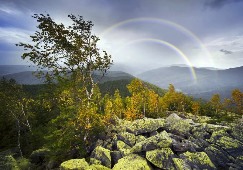 Alu-Dibond Bild Regenbogen, Berge & Gebirge, 100x70cm groß