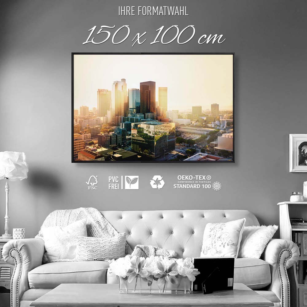 Skyline Los Angeles Sunset im schwarzen Bilderrahmen, 150x100cm