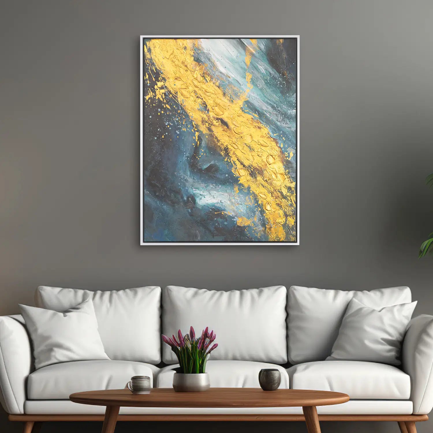 Leinwandbild handgemalt 60x80 cm im Schattenfugenrahmen Weiß, harmonische Explosion in Gold und Grünblau – „Der Raum dazwischen“
