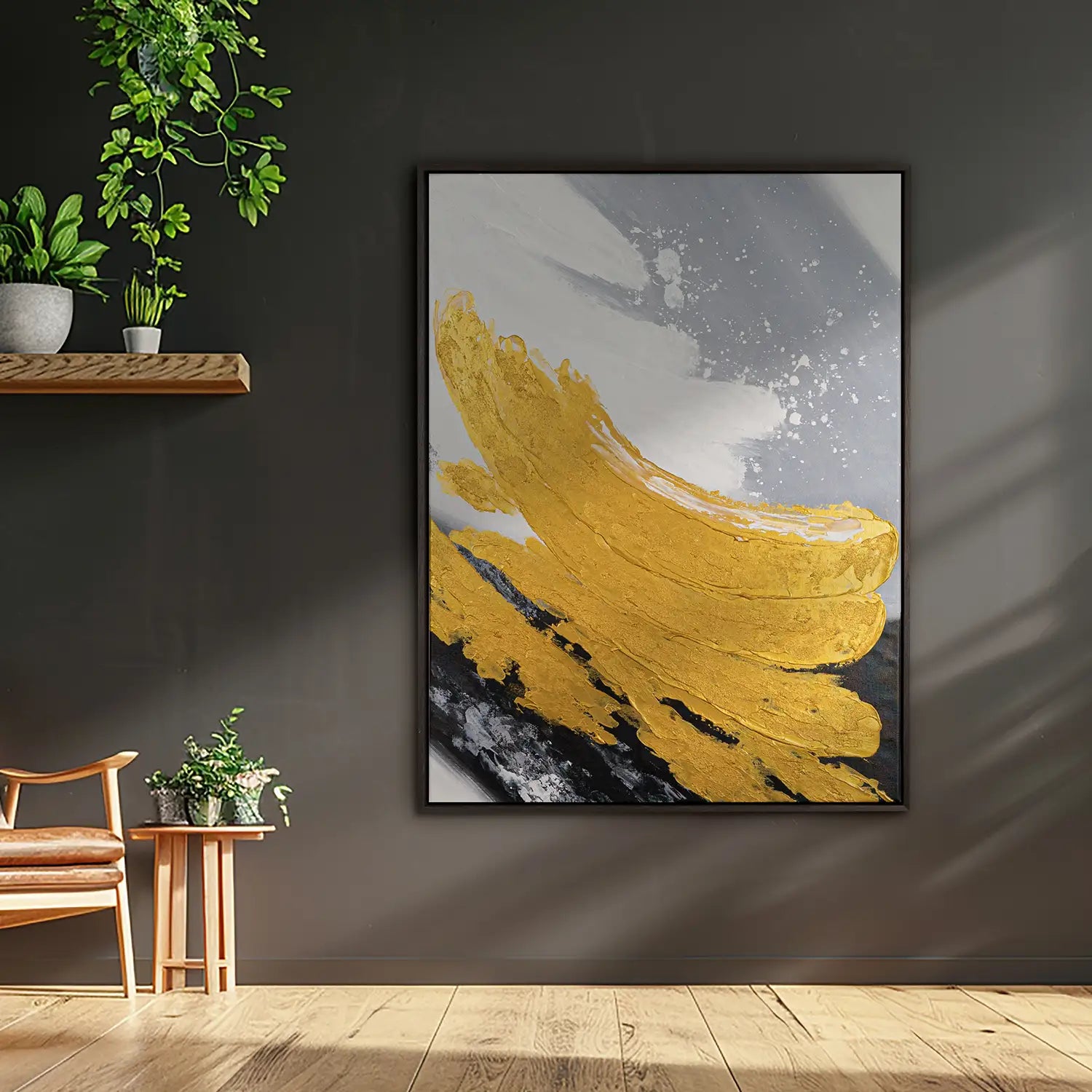 Gemälde 120x160 cm im Rahmen Eiche dunkel, handgemalt mit Acrylfarbe und Strukturpaste, abstrakte Komposition in Gold, Schwarz und Grau – „Goldene Reflexionen“