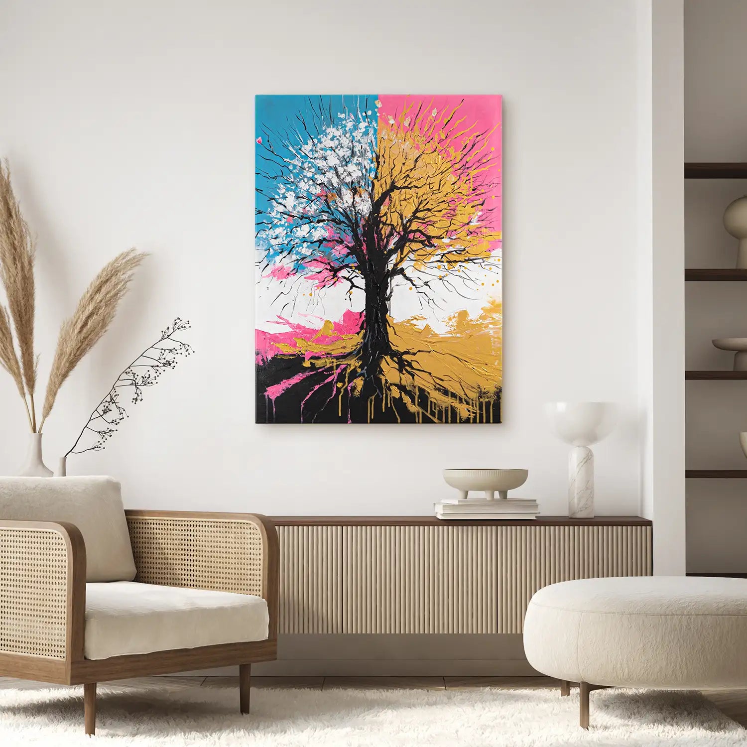 handgemaltes Gemälde 150x200 cm ohne Rahmen – ein majestätischer Baum in Petrol, Pink und Gold als Symbol für innere Stärke und Wandel – „Chromatischer Wipfel“