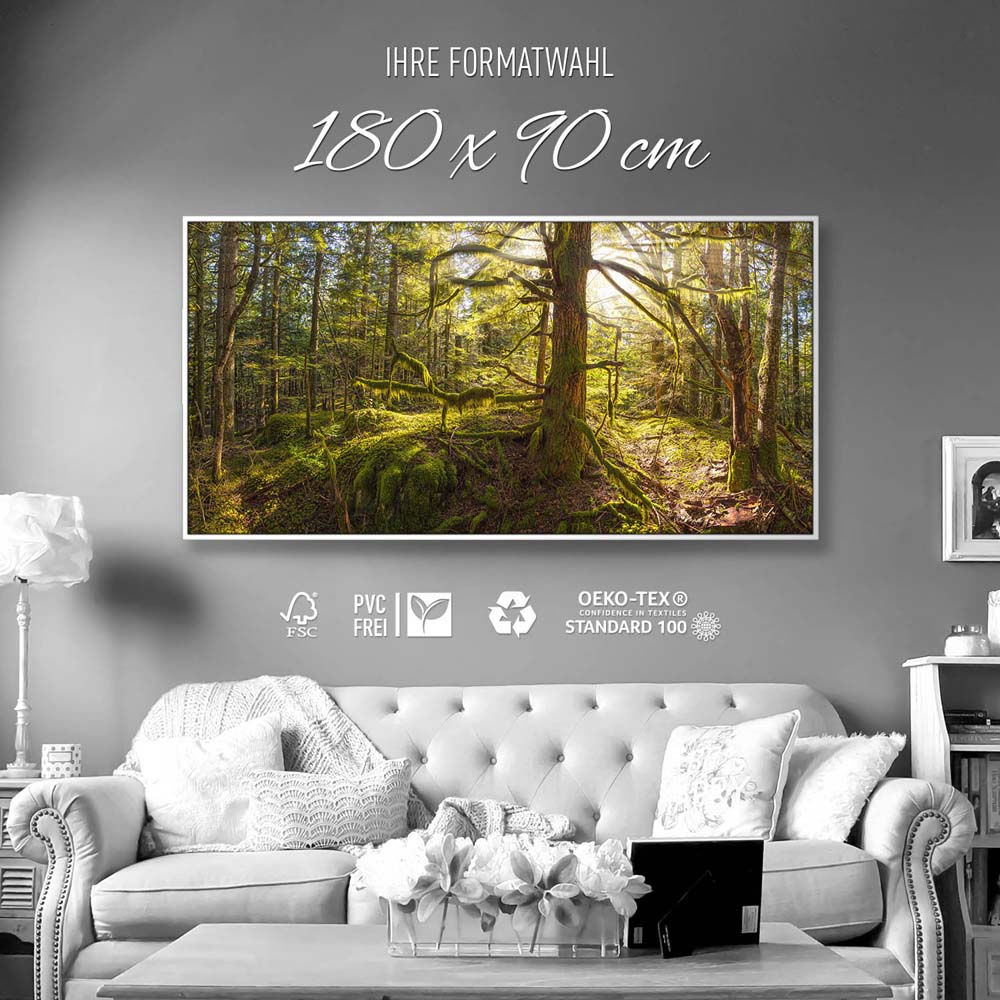 Wald Baum Sonnenhain im weißen Bilderrahmen, 180x90cm