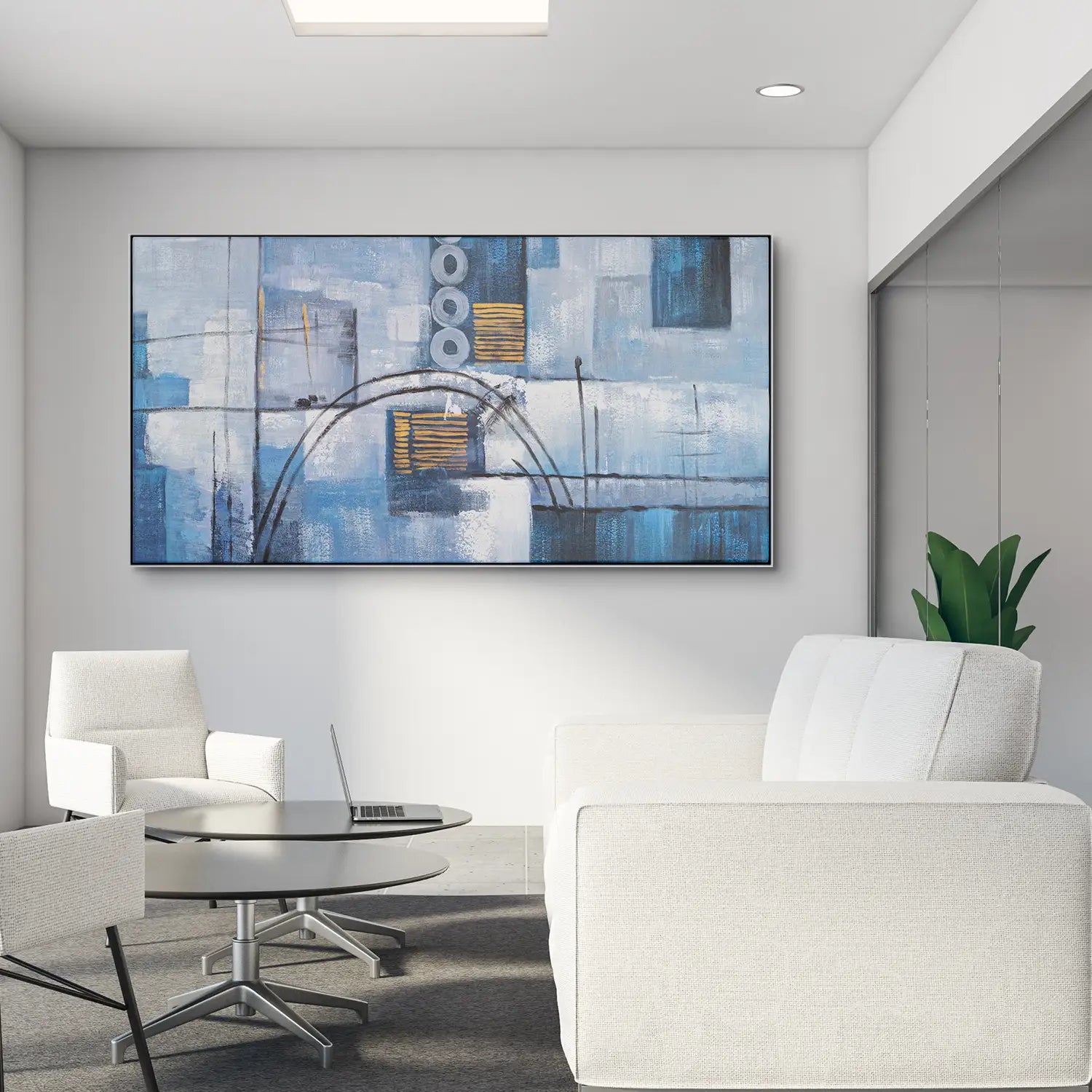 Gemälde 160x80 cm im Schattenfugenrahmen Weiß, abstrakte Strömungen in tiefem Blau – ein Dialog der Intuition und Empfindung – „Wege der Intuition“