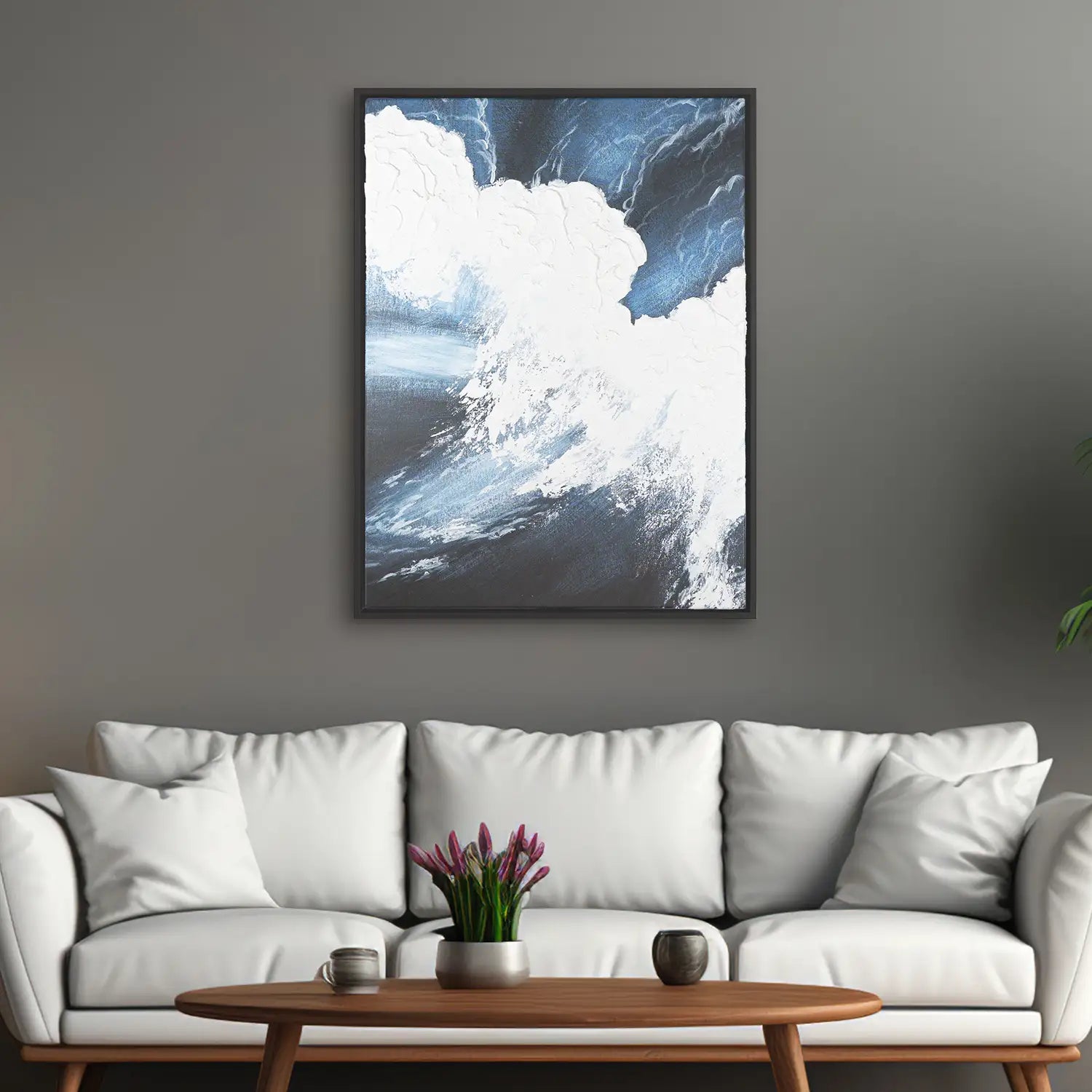 Gemälde 60x80 cm im Schattenfugenrahmen Schwarz, handgemalt mit Acrylfarbe und Strukturpaste – mediterrane Wellen des Lebens III – Polaritäten des Lebens III