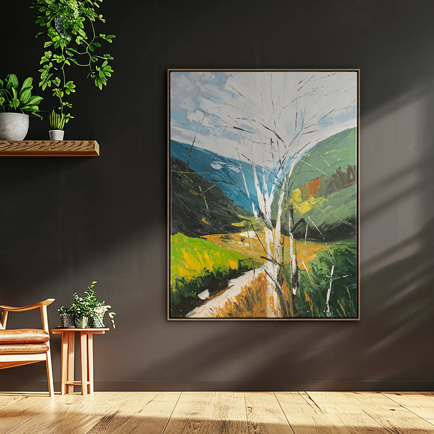 Wandbild echt handgemalt 90x120 cm im Rahmen Eiche hell – lebendige Frühlingslandschaft mit Birke, modern und kraftvoll – „Frühlingserwachen“