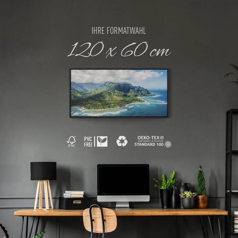Berge & Gebirge Hawaii Klippen Insel Kauai im schwarzen Bilderrahmen, 120x60cm