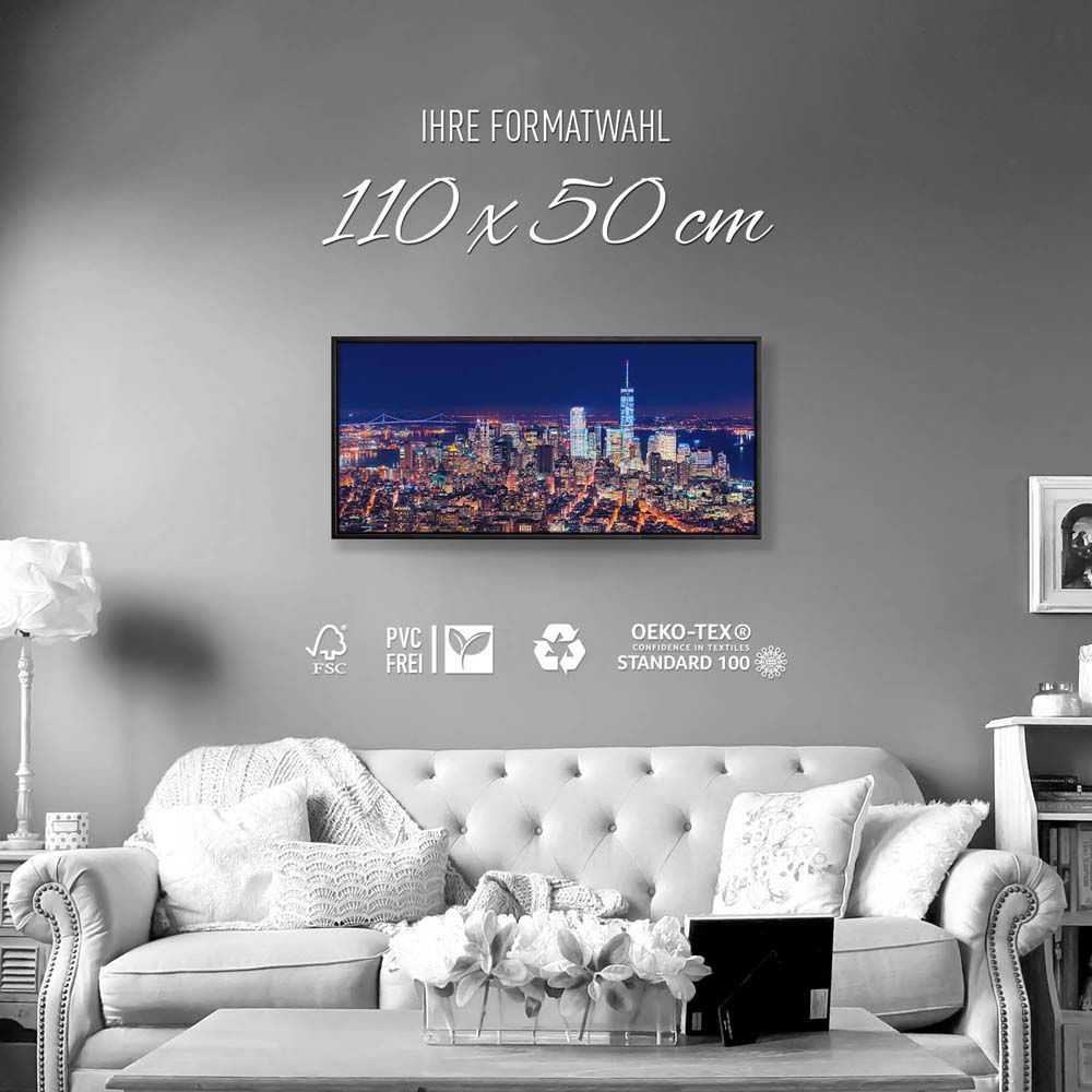 Skyline Manhatten bei Nacht im schwarzen Bilderrahmen, 110x50cm