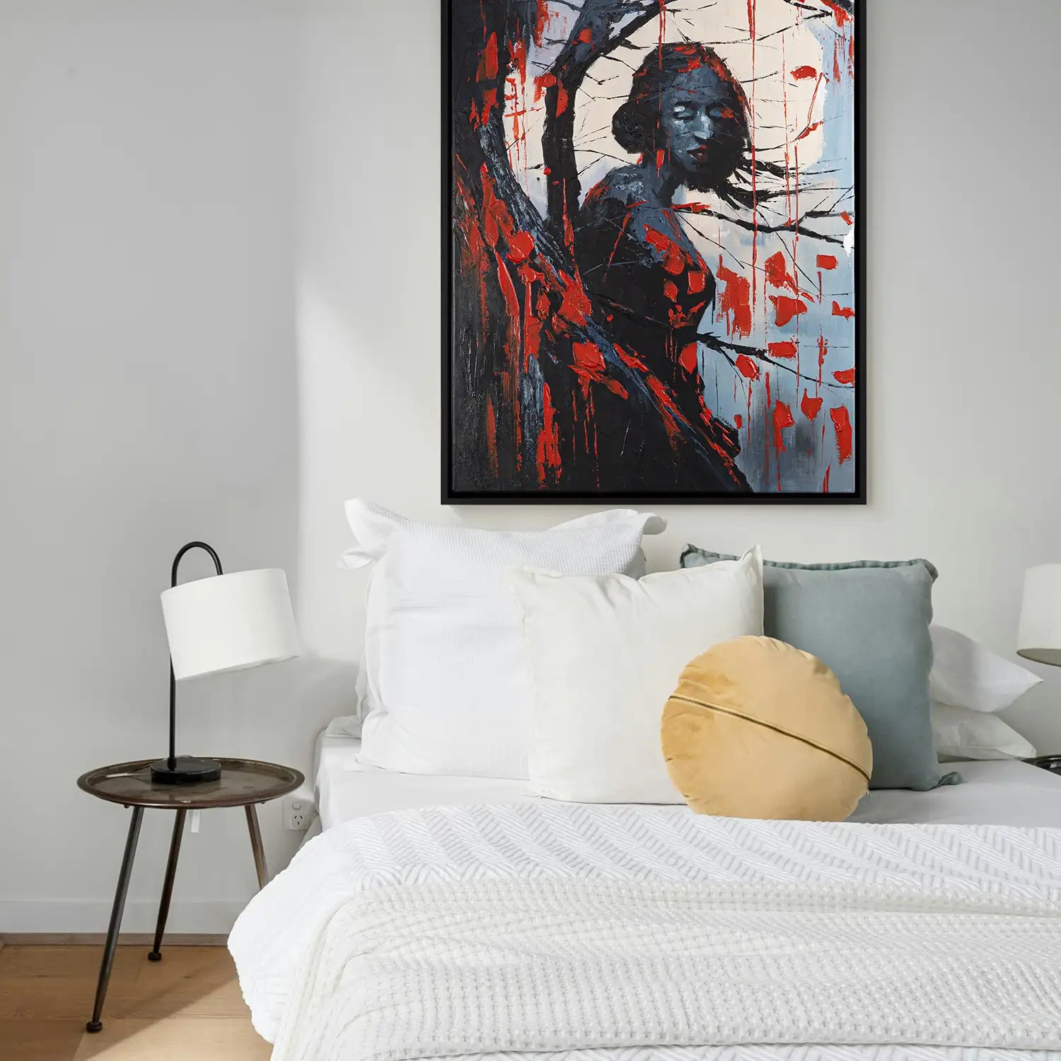 Wandbild 60x80 cm im Schattenfugenrahmen Schwarz in Rot und Schwarz – Abstrakte Verschmelzung von Baum, Frau und Mond in einer gothicartigen Nacht – „Schwarze Phytomorphe“