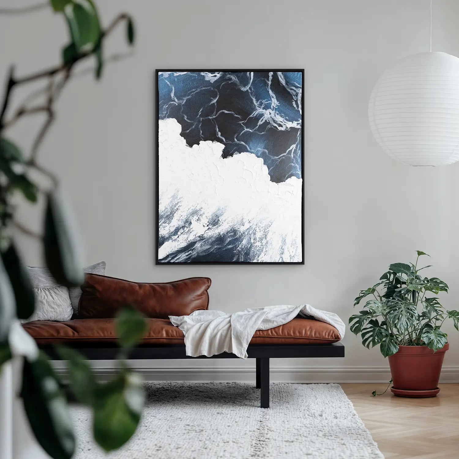 Wandbild 90x120 cm im Schattenfugenrahmen Schwarz, handgemalt mit Acrylfarbe und Strukturpaste – mediterrane Wellen des Lebens II – Polaritäten des Lebens II