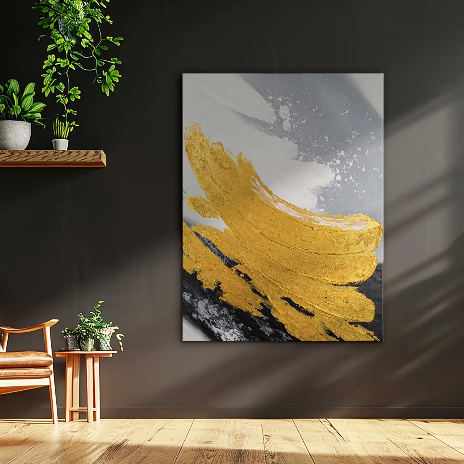 Gemälde 60x80 cm ohne Rahmen, handgemalt mit Strukturpaste in Gold, Weiß, Schwarz und Grau – eine abstrakte Reflexion zwischen Licht und Schatten – „Goldene Reflexionen“