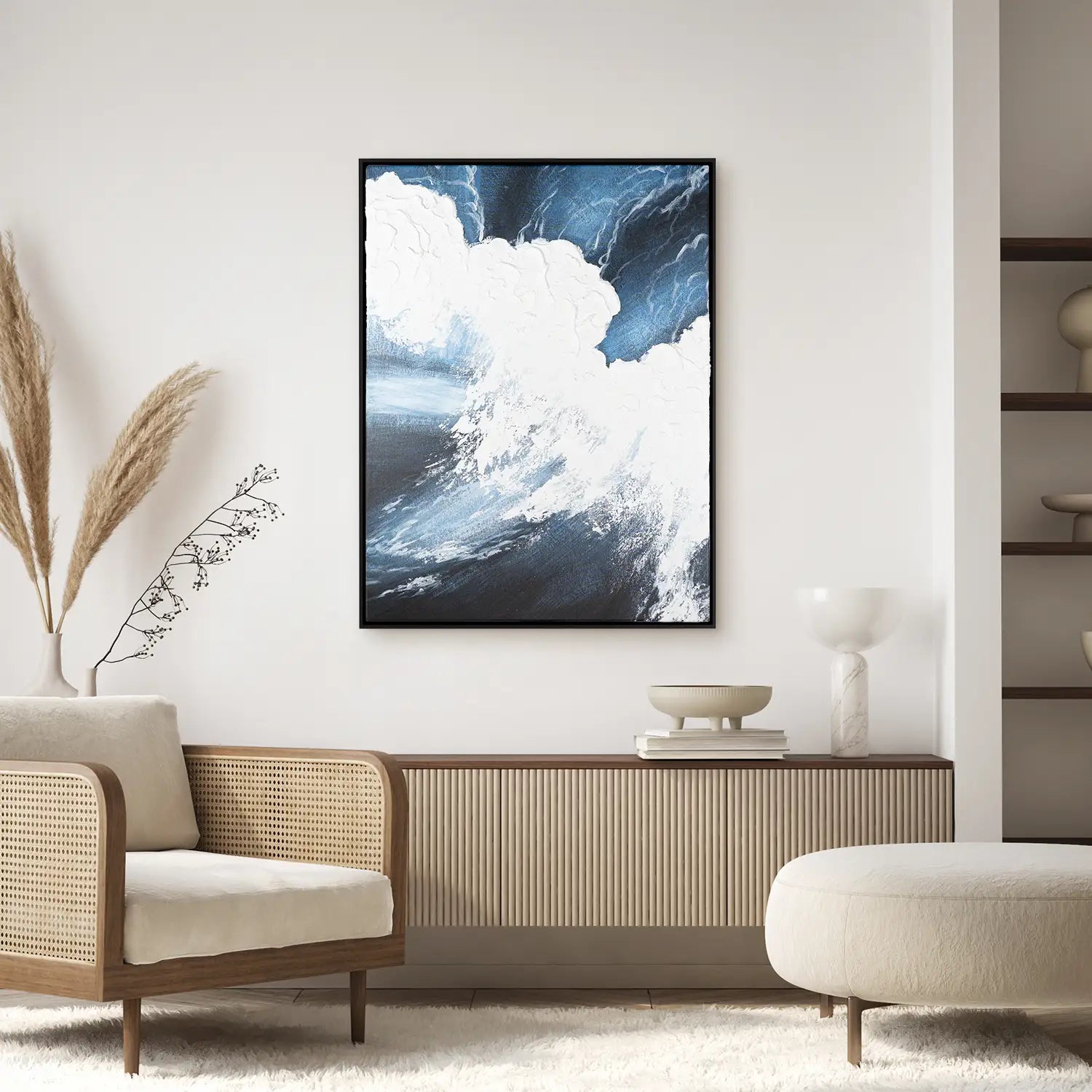 Gemälde 60x80 cm im Schattenfugenrahmen Schwarz, handgemalt mit Acrylfarbe und Strukturpaste – mediterrane Wellen des Lebens III – Polaritäten des Lebens III