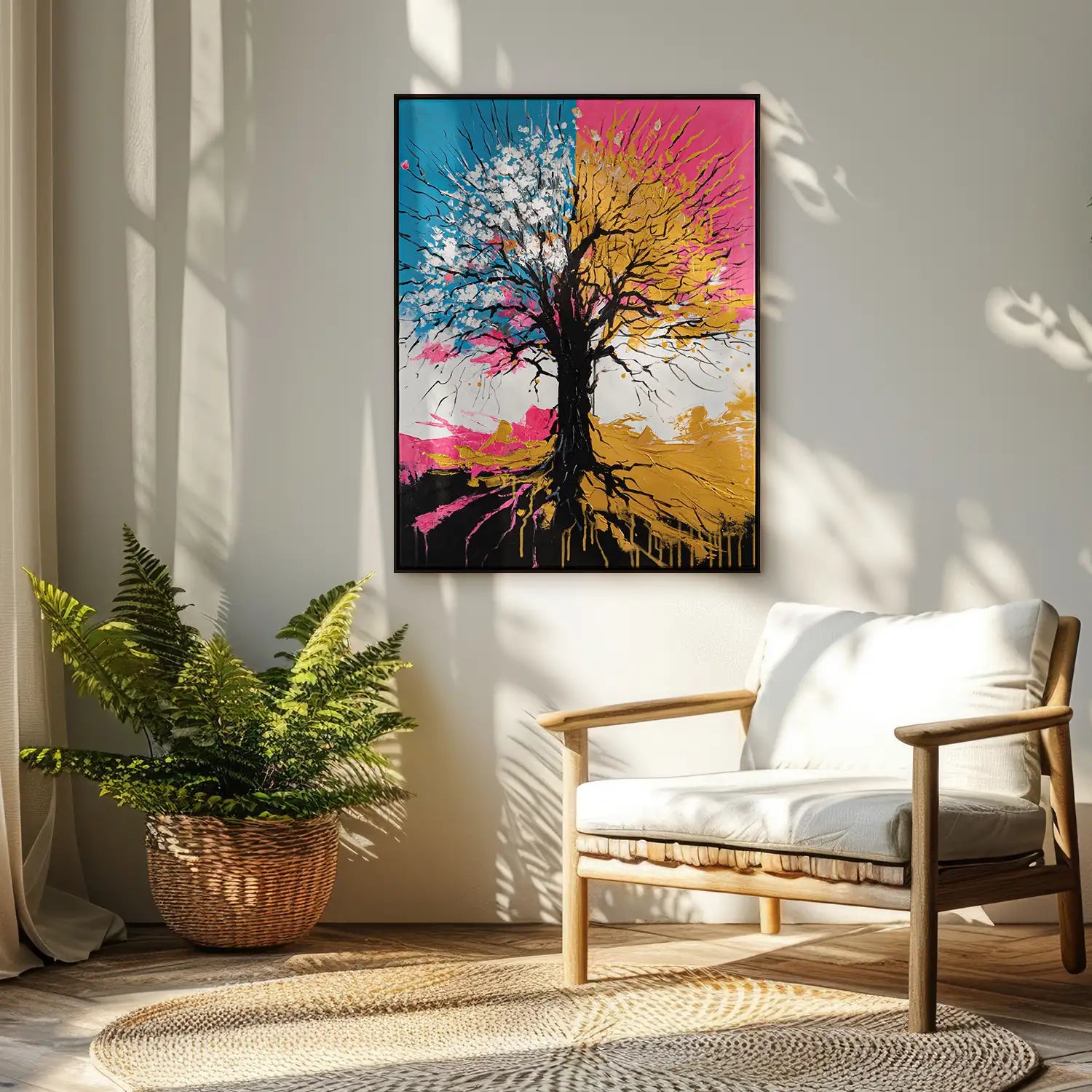 handgemaltes Gemälde 150x200 cm im Rahmen Eiche dunkel – majestätischer Baum in Petrol, Pink und Gold als Symbol für Stärke und Wandel – "Chromatischer Wipfel"