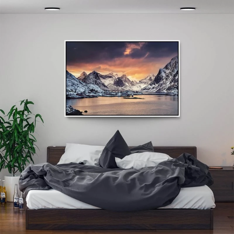 Berge & Gebirge Winter in Norwegen im weißen Bilderrahmen, 150x100cm
