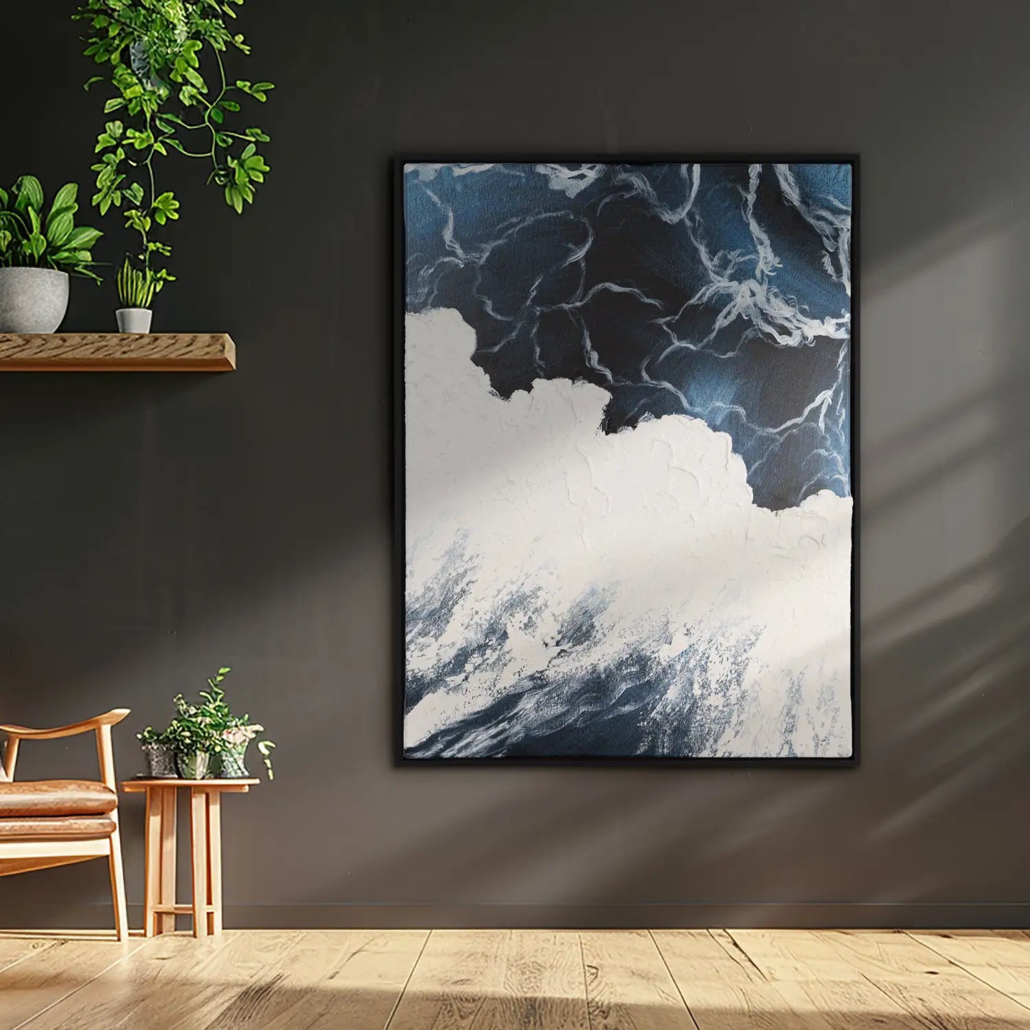 Wandbild 90x120 cm im Schattenfugenrahmen Schwarz, handgemalt mit Acrylfarbe und Strukturpaste – mediterrane Wellen des Lebens II – Polaritäten des Lebens II