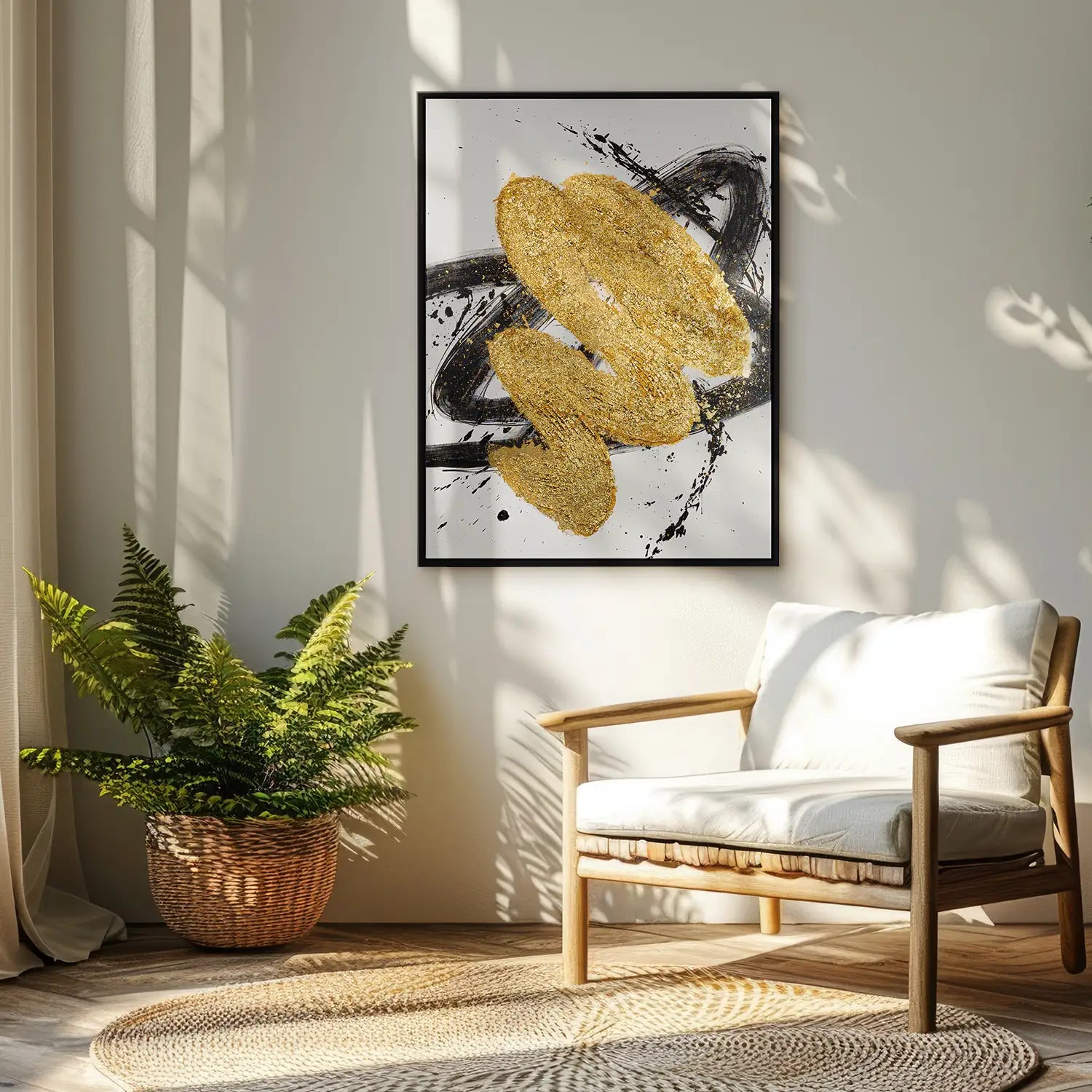 Gemälde 90x120 cm im Schattenfugenrahmen Schwarz, handgemalt mit Acrylfarbe und Strukturpaste – ein abstraktes Spiel von Licht und Dunkelheit in Gold und Weiß – „Harmonie des Unbekannten“