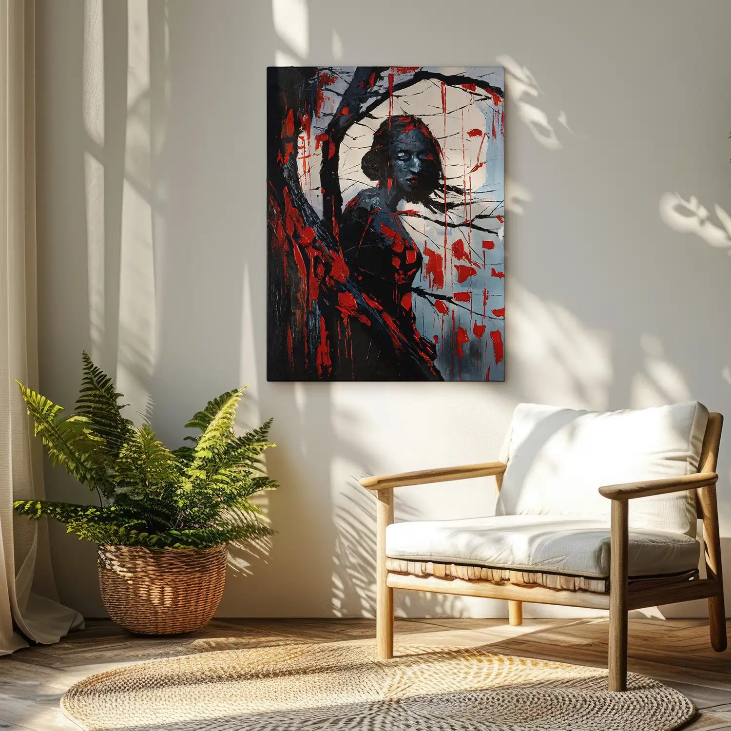 Leinwandbild 90x120 cm ohne Rahmen in Rot und Schwarz, abstrakte Verschmelzung von Baum, Frau und Mond – „Schwarze Phytomorphe“