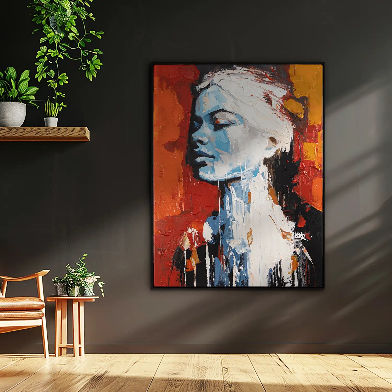 Handgemaltes Wandbild 75x100 cm im Schattenfugenrahmen Schwarz, kraftvolles abstraktes Frauenportrait in Rot, Weiß und Blau – „Atalante“