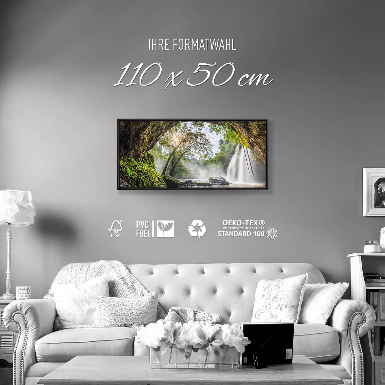 Regenwald Höhlenfall im schwarzen Bilderrahmen, 110x50cm