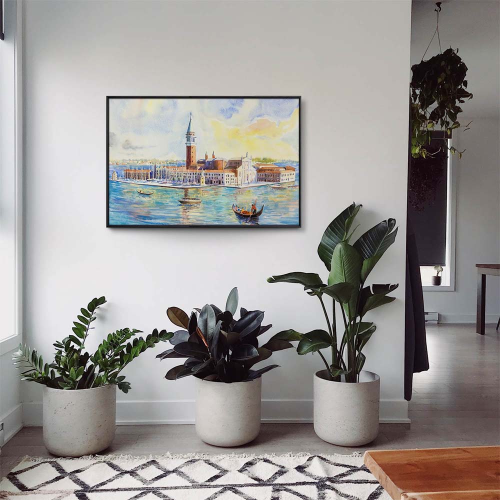 Skyline Venedig als Gemälde im schwarzen Bilderrahmen, 80x80cm