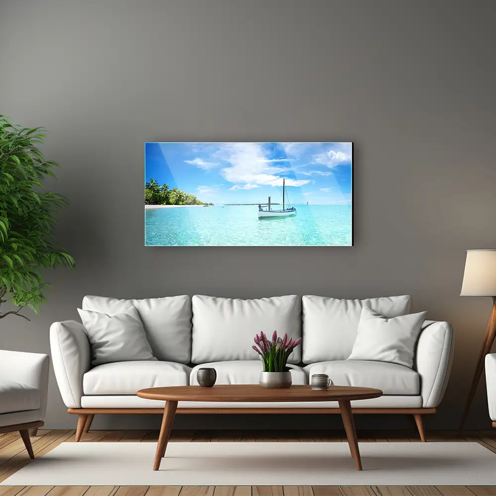 Strand & Meer Karibik Boot als Acrylglas Bild 120x60cm