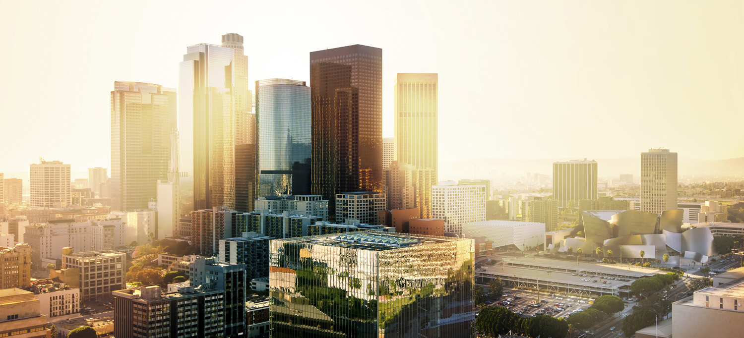 Skyline Los Angeles Sunset als Acrylglasverbund Bild 110x50cm