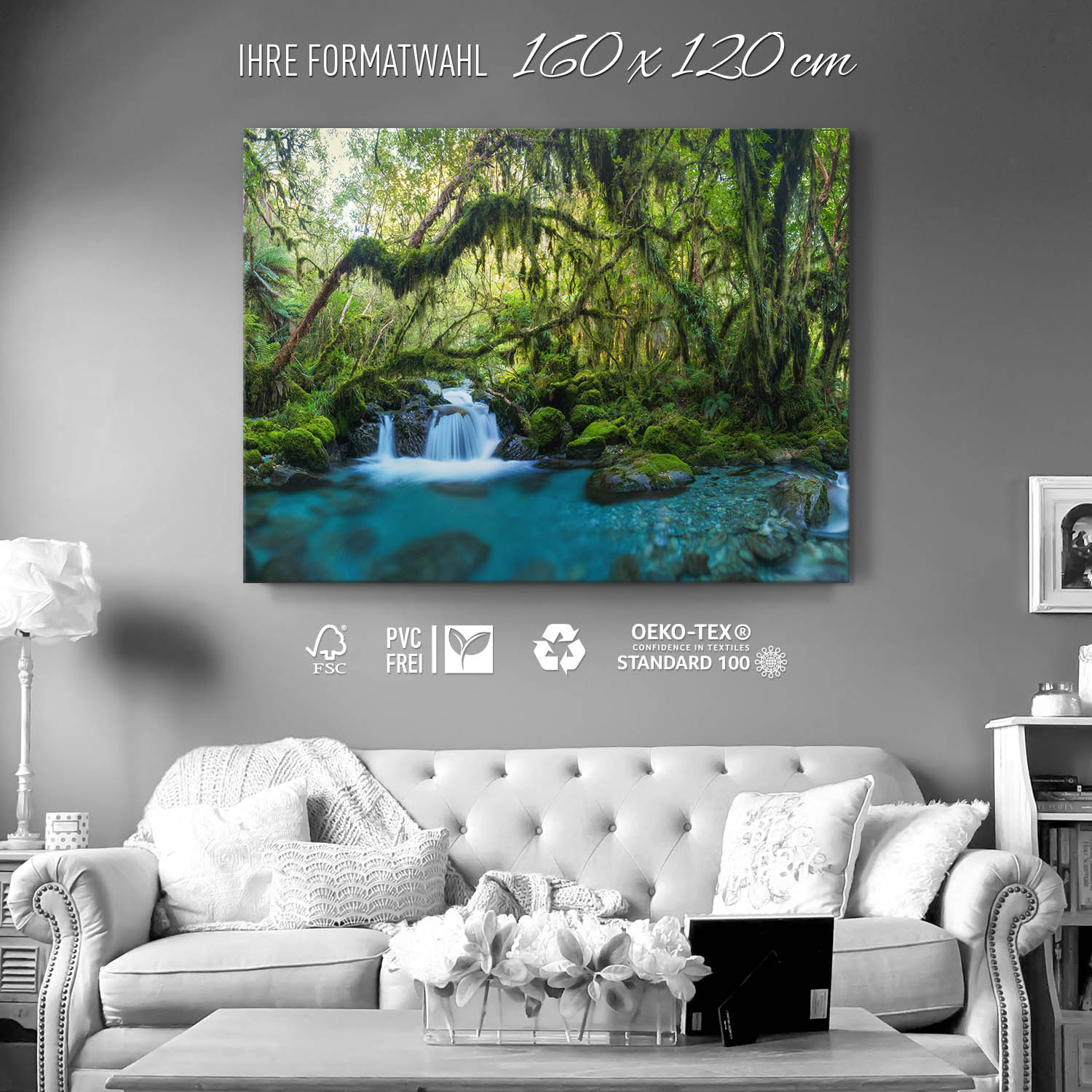 Keilrahmenbild groß, Dschungel idylischer Bachlauf 160x120cm 
