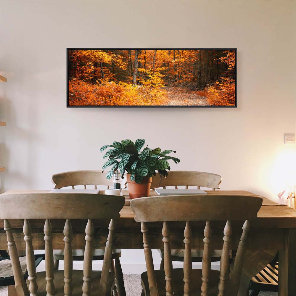 Wald & Bäume Herbst Wanderung II im schwarzen Bilderrahmen, 150x50cm