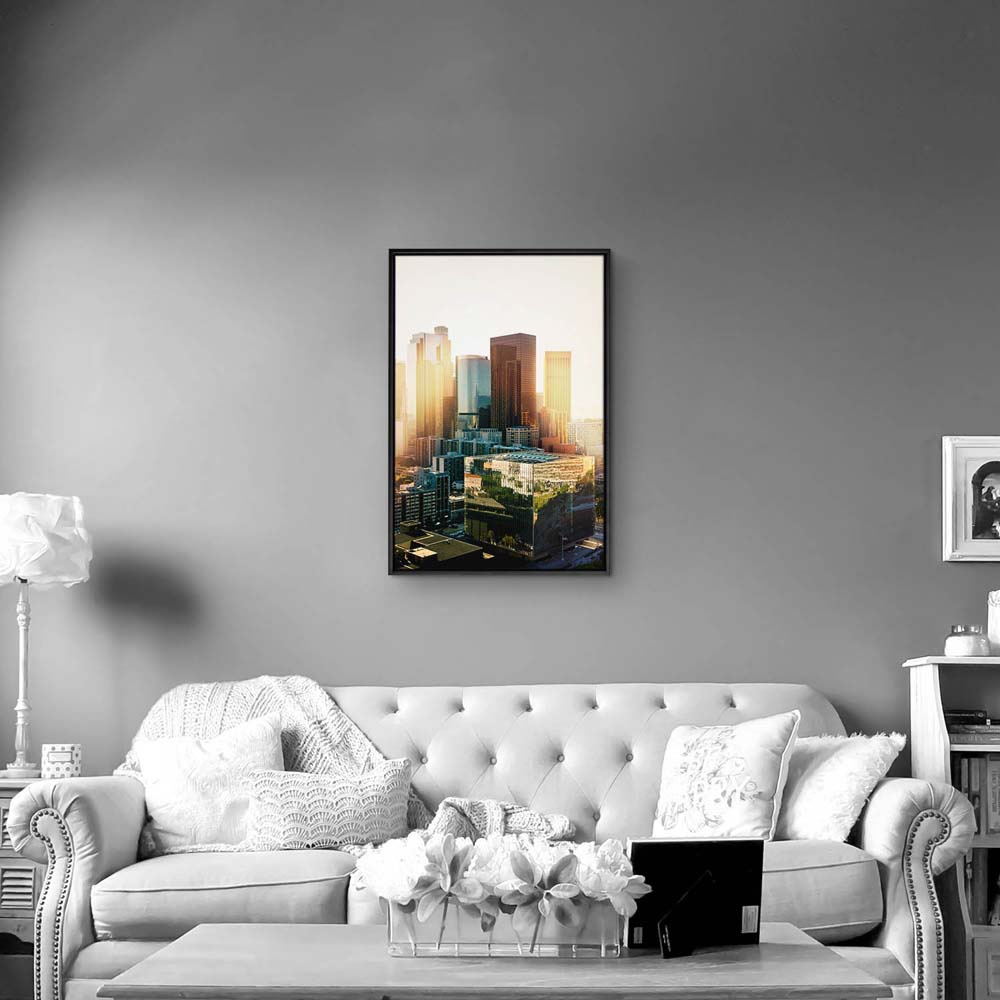 Skyline Los Angeles Sunset im Hochformat 60x90cm mit schwarzen Bilderrahmen