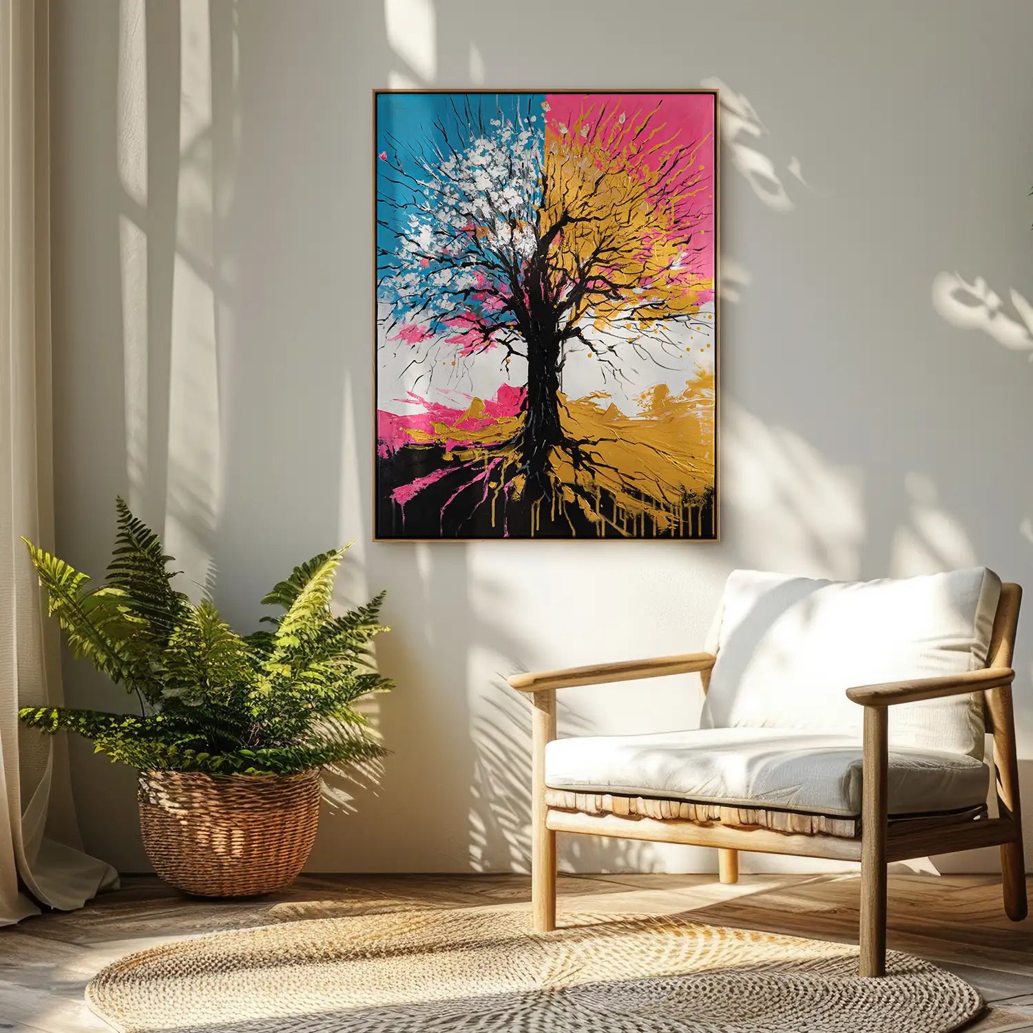 Leinwandbild handgemalt 75x100 cm im Rahmen Eiche hell, Natur und Baum in Petrol, Pink und Gold – „Chromatischer Wipfel“