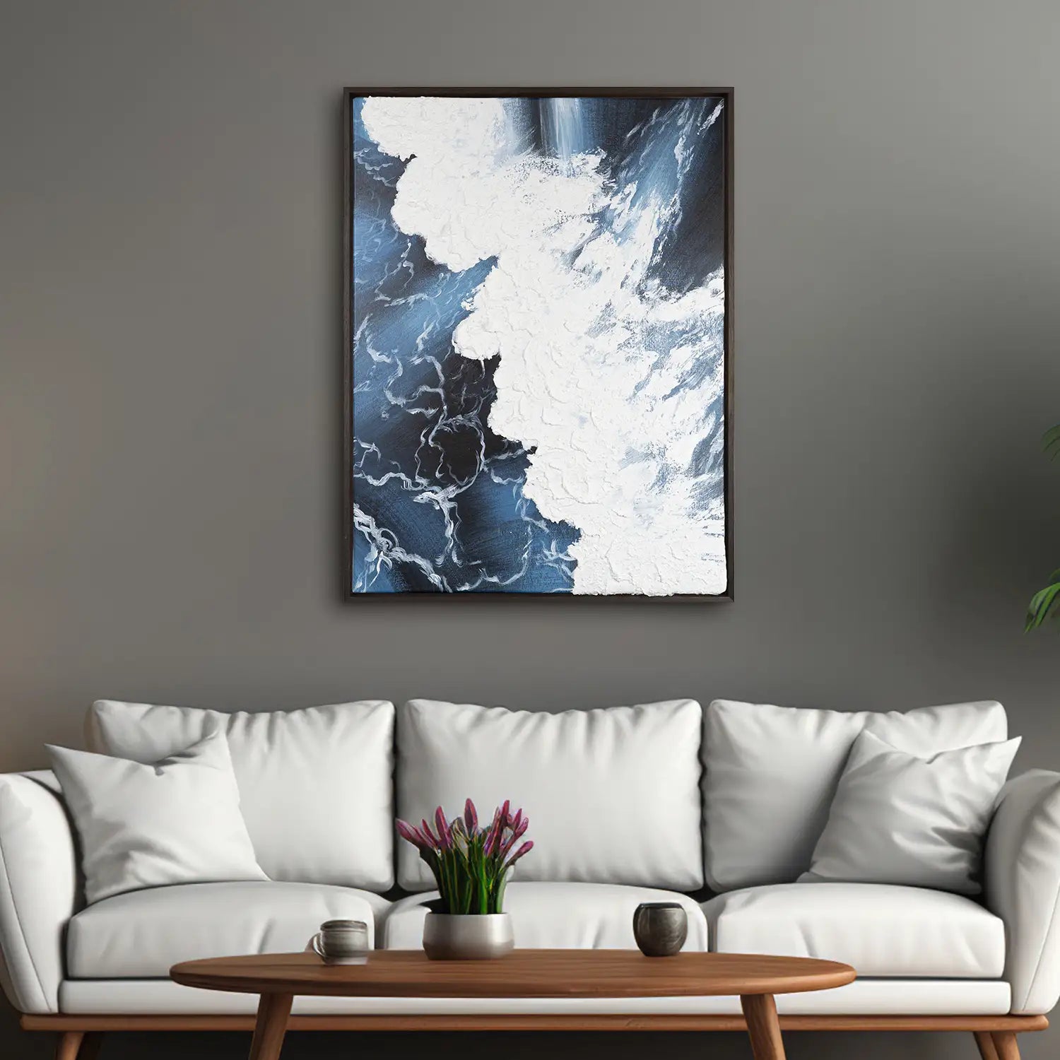 Gemälde 60x80 cm im Rahmen Eiche dunkel, dynamische Wellen in kraftvollem Blau und schäumendem Weiß, handgemalt mit Acrylfarbe und Strukturpaste – „Wellen des Seins“