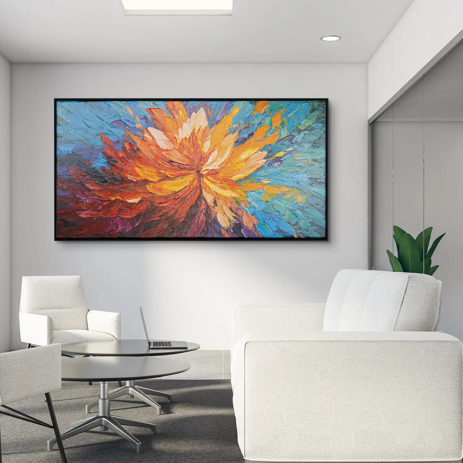 Leinwandbild handgemalt 100x50 cm im Schattenfugenrahmen Schwarz, moderne Explosion im Chaos – „Balance im Chaos“