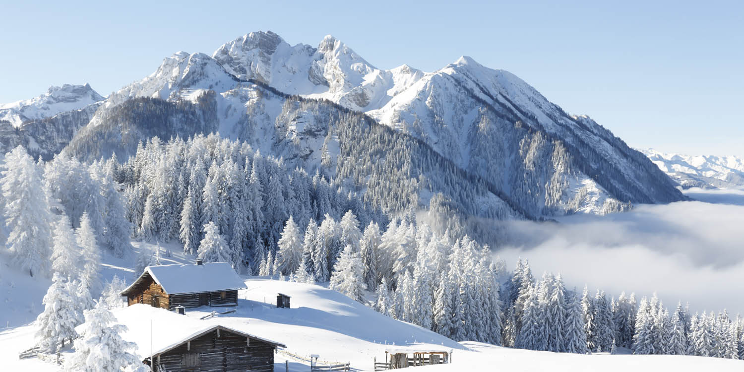 Winterbild Berge & Gebirge Winterpanorama mit Hütte 120x60cm als ...