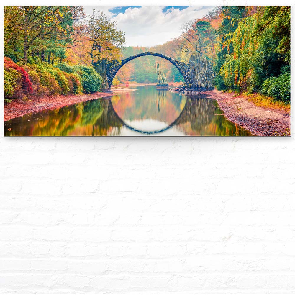 Wald & Bäume Herbst Rakotzbrücke, Kromlau als Acrylglasverbund Bild 110x50cm