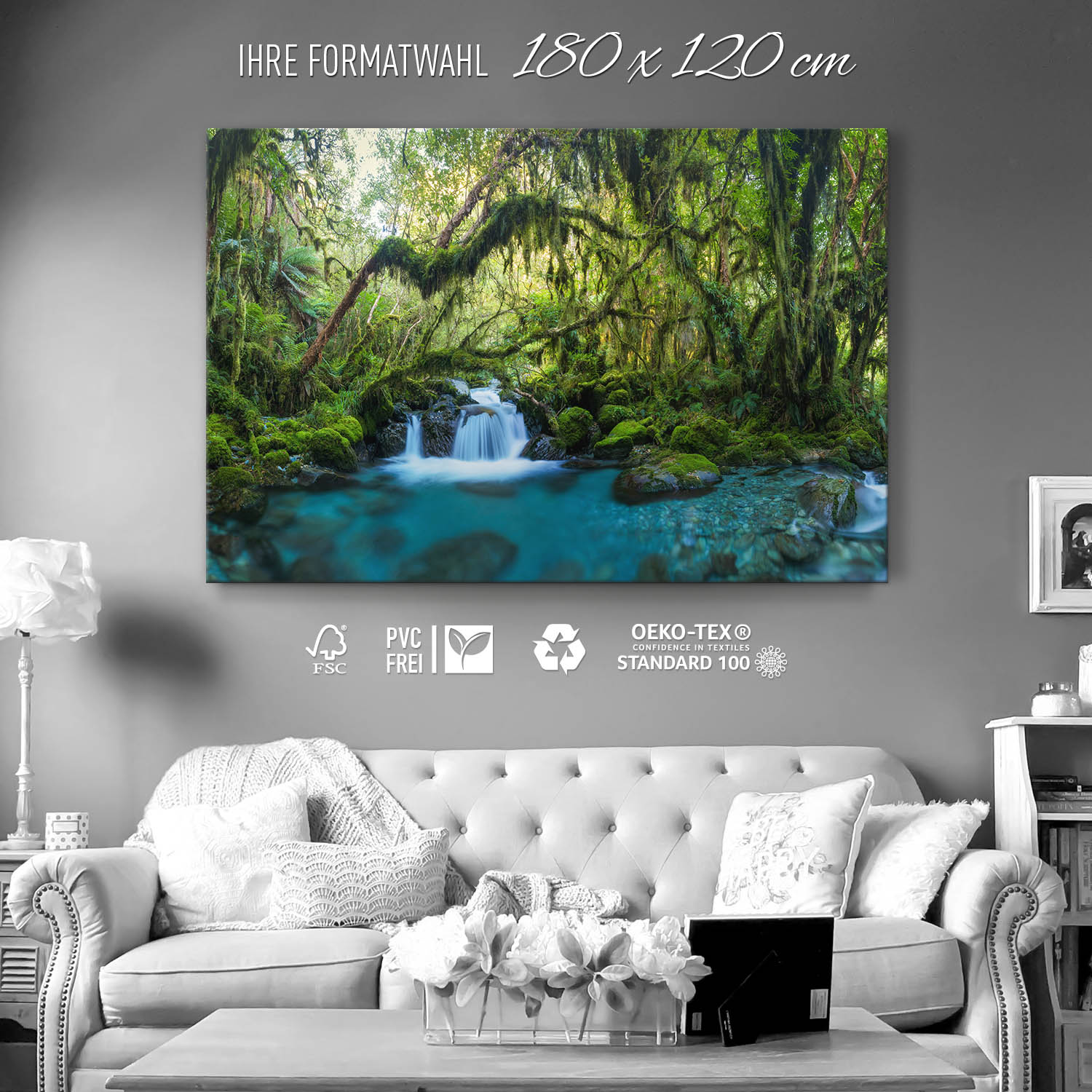 Dschungel idylischer Bachlauf als Keilrahmenbild 180x120cm