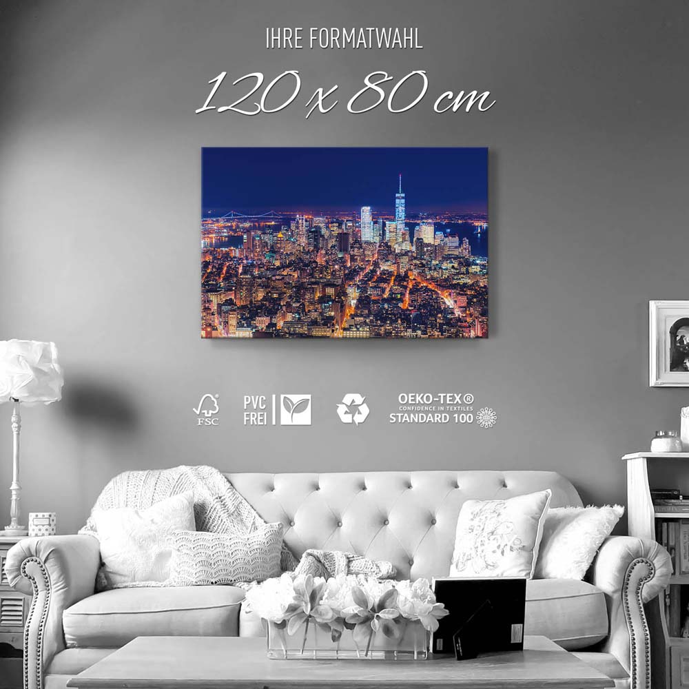 Skyline Manhatten bei Nacht als Keilrahmenbild 120x80cm
