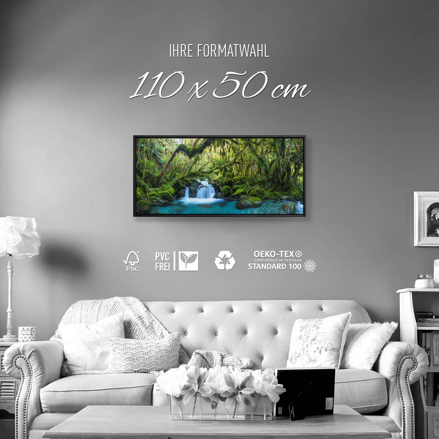 Dschungel idylischer Bachlauf im schwarzen Bilderrahmen, 110x50cm