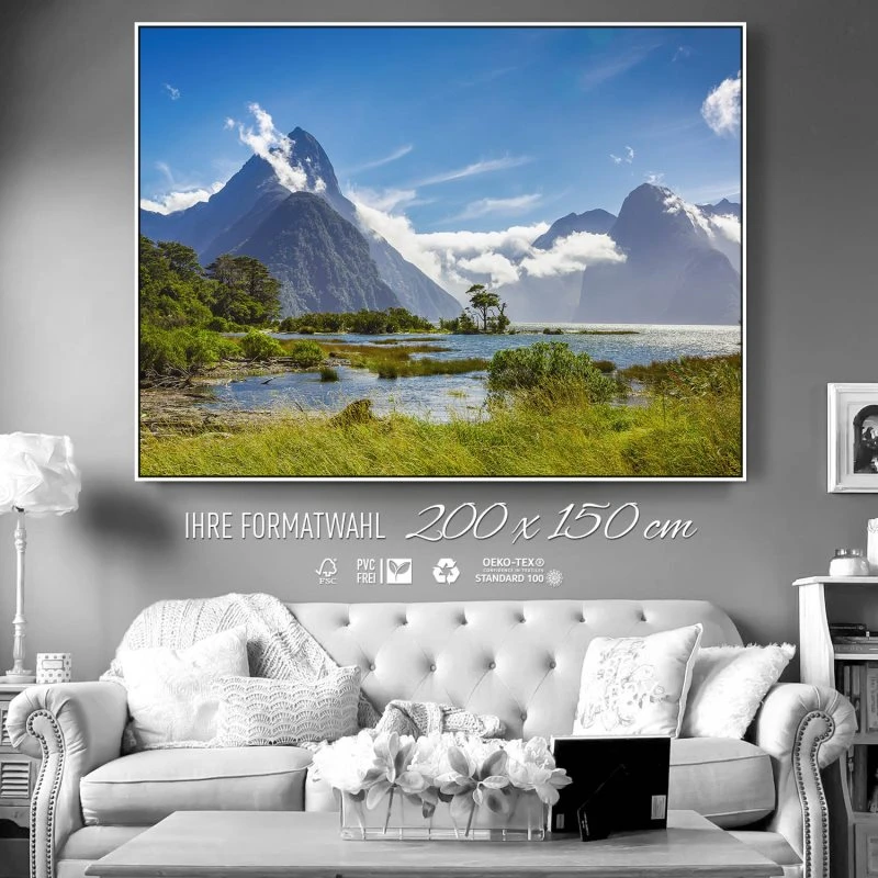 Berge & Gebirge Neuseeland Milford Sound Fjord im weißen Bilderrahmen, 200x150cm