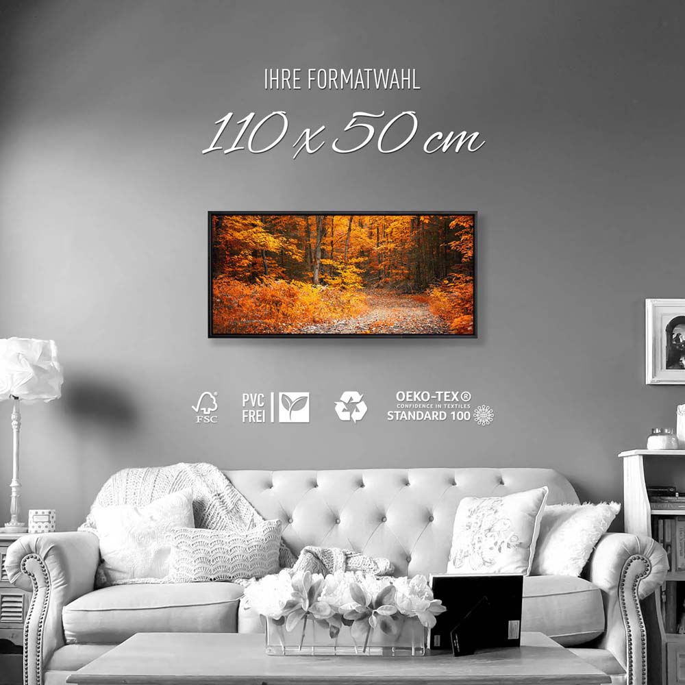 Wald & Bäume Herbst Wanderung II im schwarzen Bilderrahmen, 110x50cm