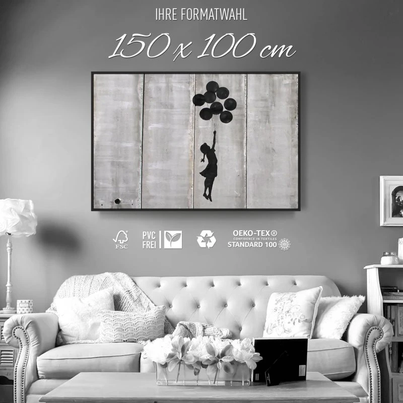 Banksy Girl with ballons im schwarzen Bilderrahmen, 150x100cm