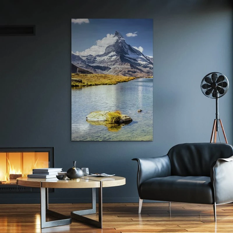 XXL Berge & Gebirge Alu-Dibond Bild im Hochformat 100x150cm, Motiv Matterhorn mit See
