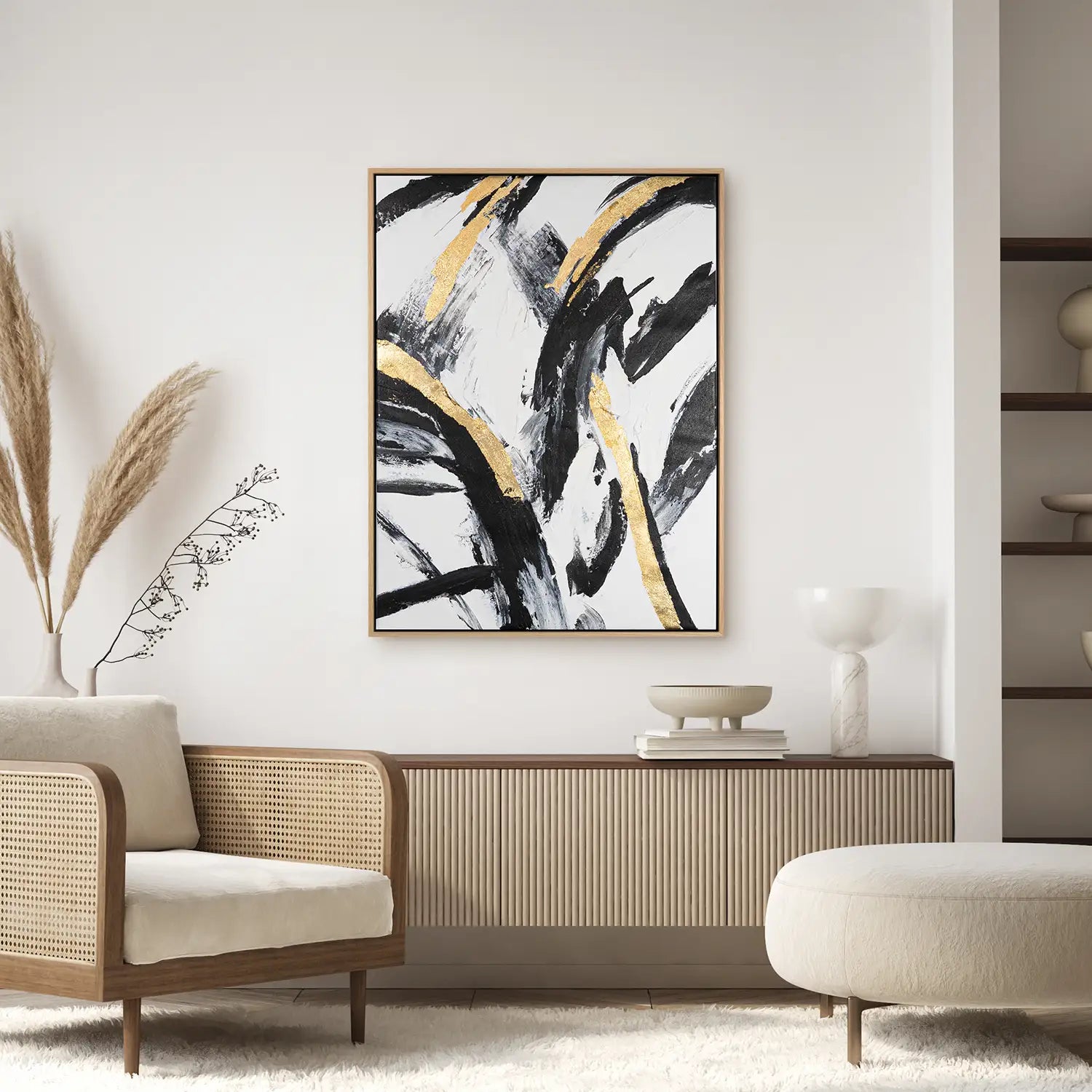 Wandbild echt handgemalt 120x160 cm im Rahmen Eiche hell – Explosion in Schwarz, Weiß und Gold, modern und abstrakt, ideal für Büro, Wohnzimmer und Schlafzimmer – „Ewiger Moment“