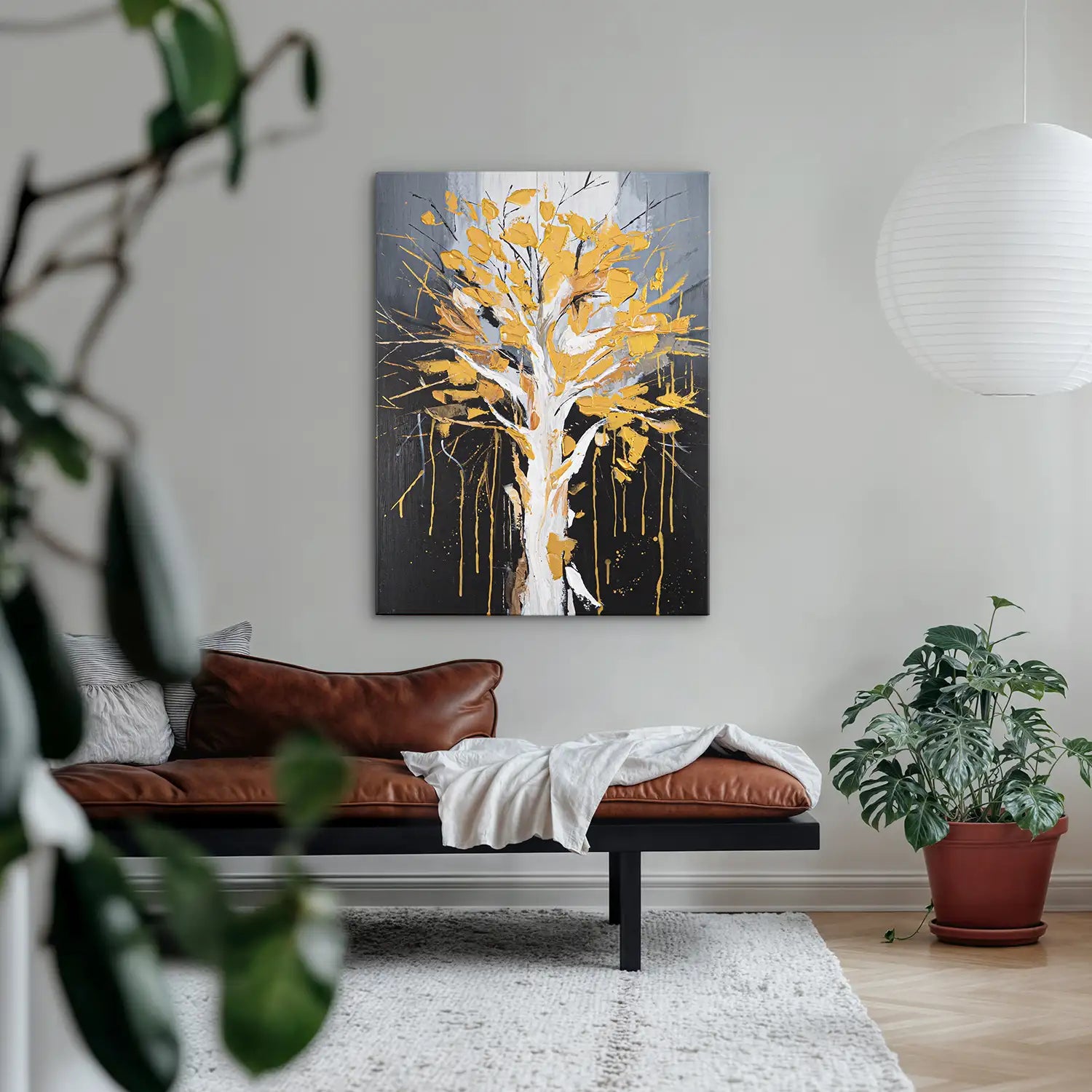 handgemaltes Gemälde 60x80 cm ohne Rahmen, moderne Abstraktion in Weiß und Schwarz, Baumkrone mit goldenen Blättern – „Golden Leaves“