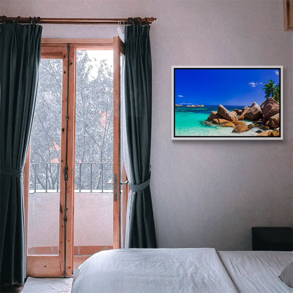 Strand & Meer Insel Praslin Seychellen im weißen Bilderrahmen, 120x60cm