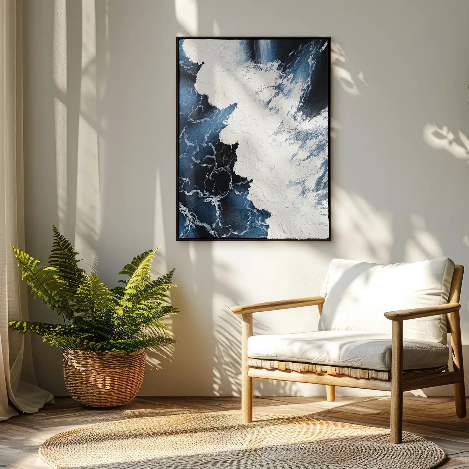 Gemälde 60x80 cm im Rahmen Eiche dunkel, dynamische Wellen in kraftvollem Blau und schäumendem Weiß, handgemalt mit Acrylfarbe und Strukturpaste – „Wellen des Seins“