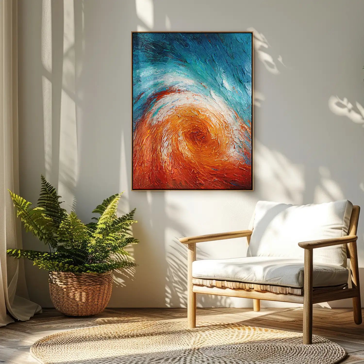 Gemälde handgemalt 90x120 cm im Rahmen Eiche hell, lebendiger Strudel in Rot und Blau – „Im Wirbel der Zeit“