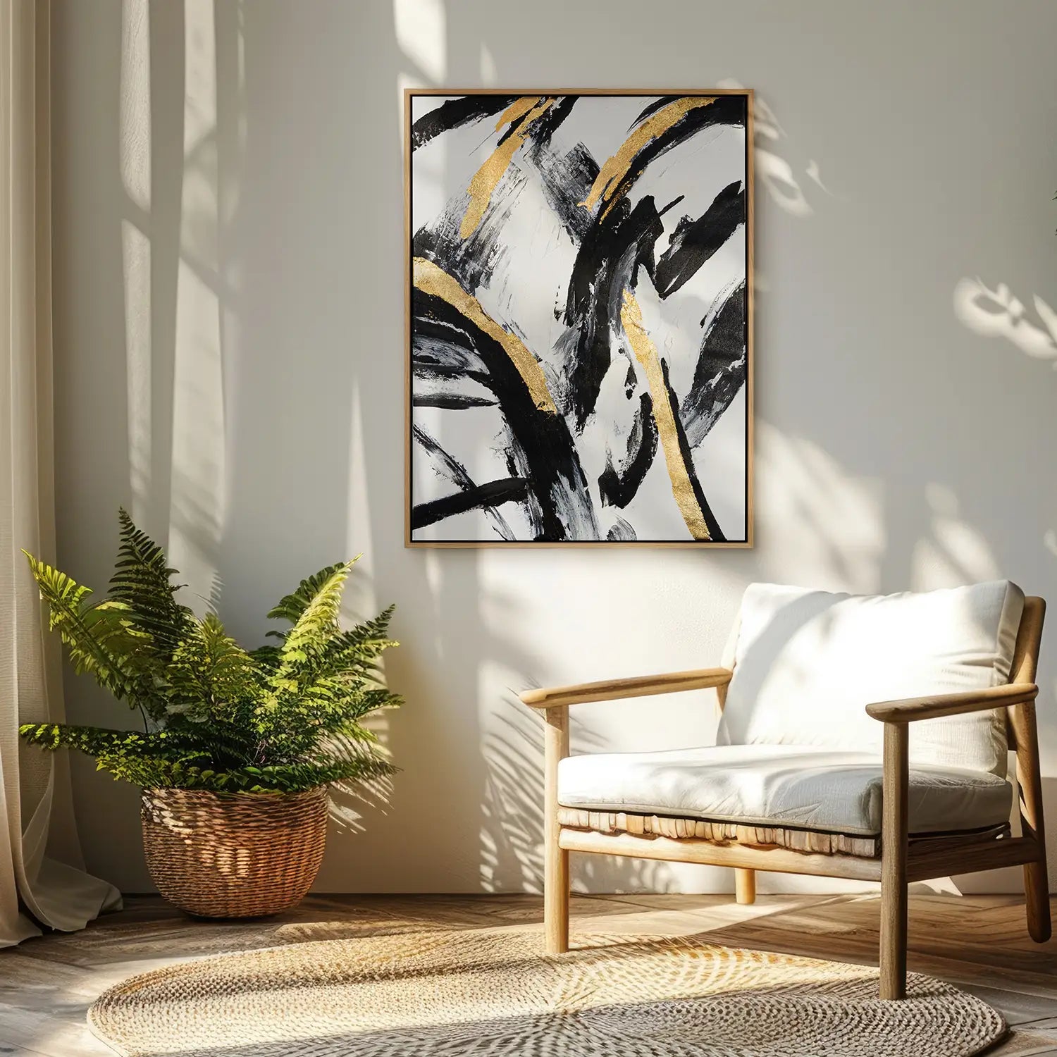 Wandbild echt handgemalt 120x160 cm im Rahmen Eiche hell – Explosion in Schwarz, Weiß und Gold, modern und abstrakt, ideal für Büro, Wohnzimmer und Schlafzimmer – „Ewiger Moment“